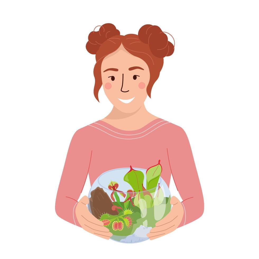 Jeune fille avec florarium prise se soucier de carnivore les plantes. Accueil jardin, serre, jardinage, floraux, plante amoureux concept. illustration isolé sur blanc Contexte. vecteur