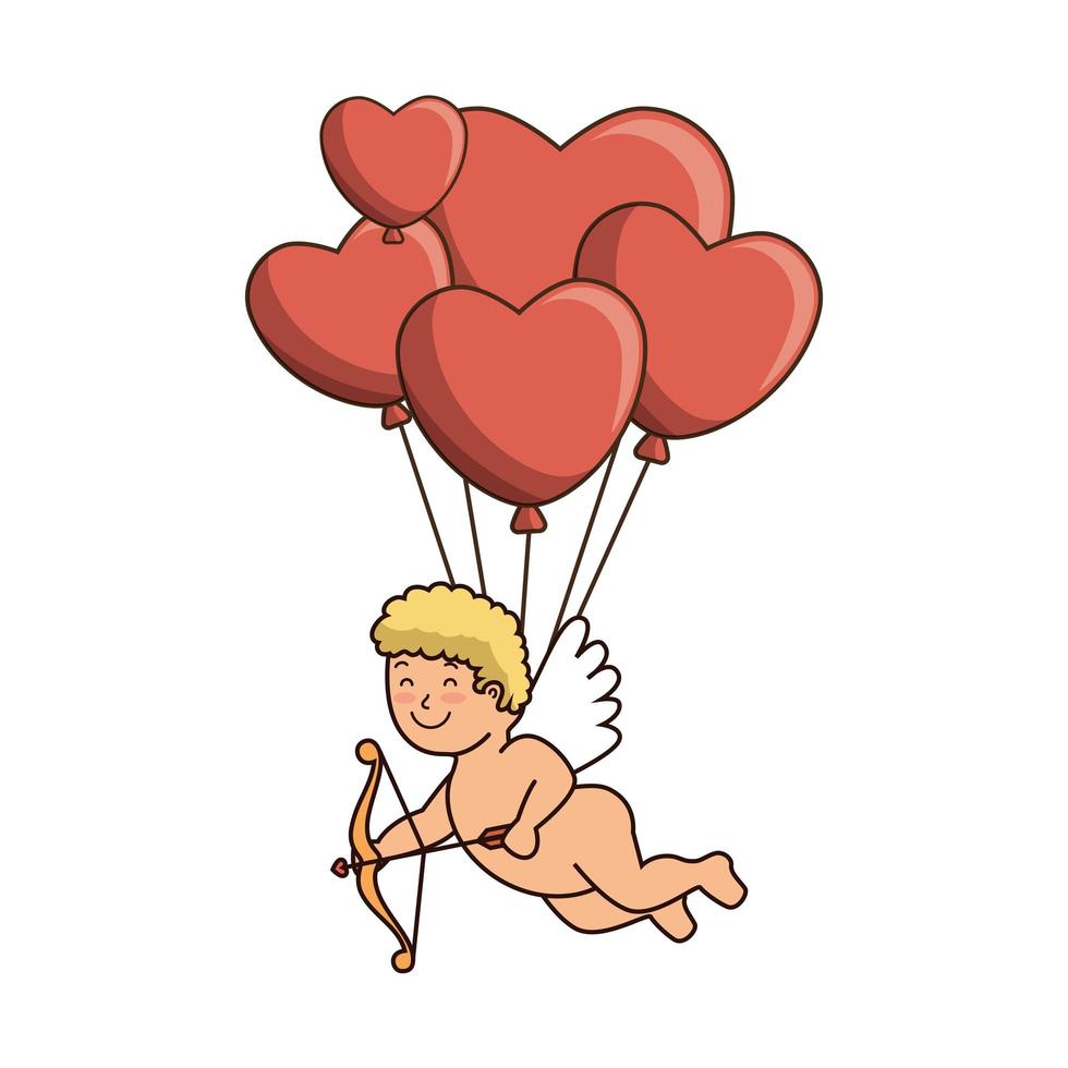 Cupidon avec des ballons à l'hélium en forme de coeur vecteur