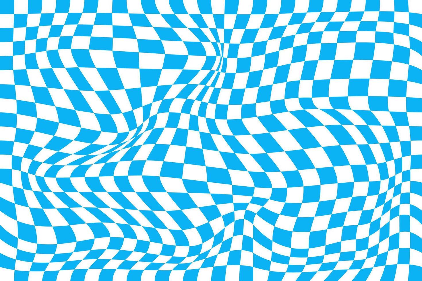 psychédélique modèle avec voilé bleu et blanc carrés. déformé échecs planche Contexte. à carreaux visuel illusion. trippant damier surface. vecteur