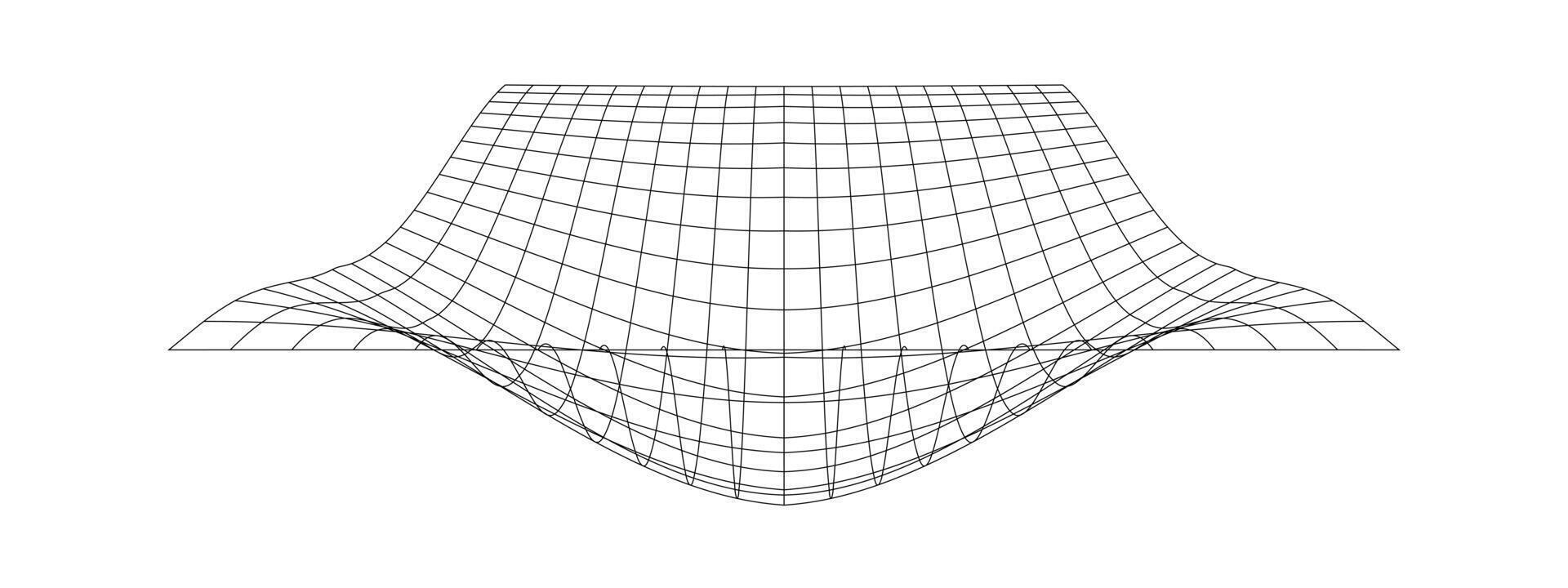 déformé la grille surface. engrener chaîne texture. plié treillis isolé sur blanc Contexte. futuriste net avec convexe effet. géométrique déformation. la gravité phénomène. vecteur