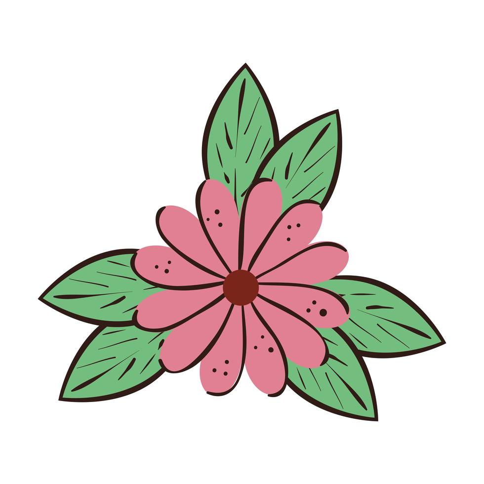 Jolie fleur naturelle avec icône isolé de feuilles vecteur