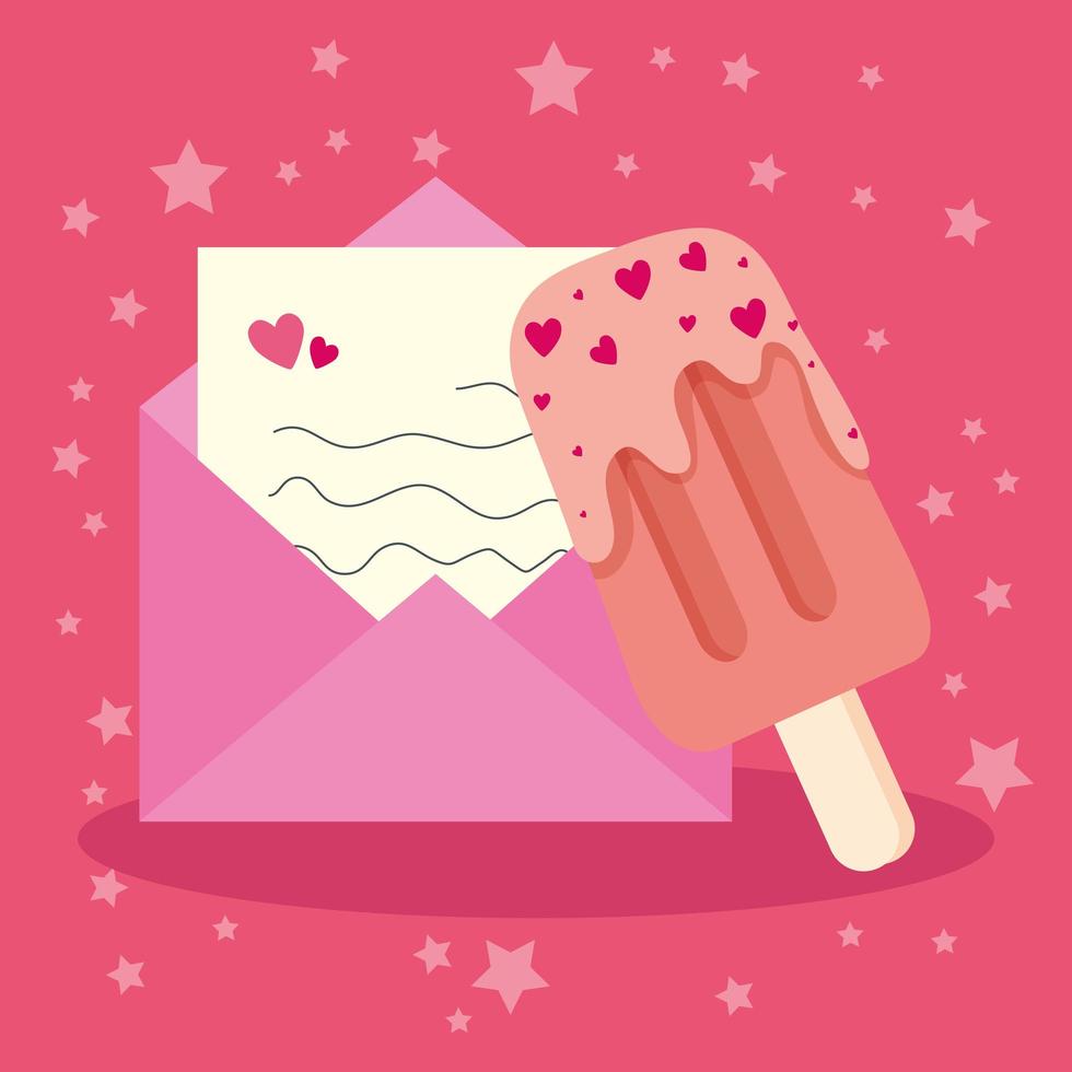 courrier enveloppe avec crème glacée en bâton et décoration coeurs vecteur