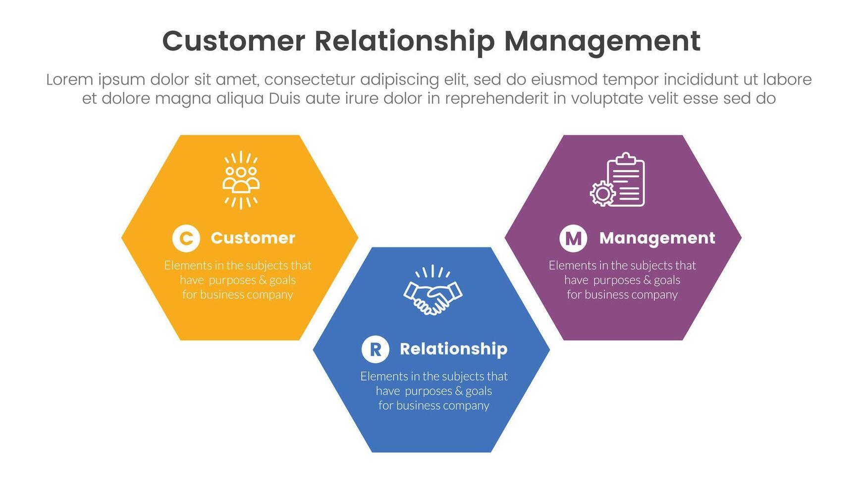 GRC client relation la gestion infographie 3 point étape modèle avec gros hexagonal en haut et vers le bas forme pour faire glisser présentation vecteur