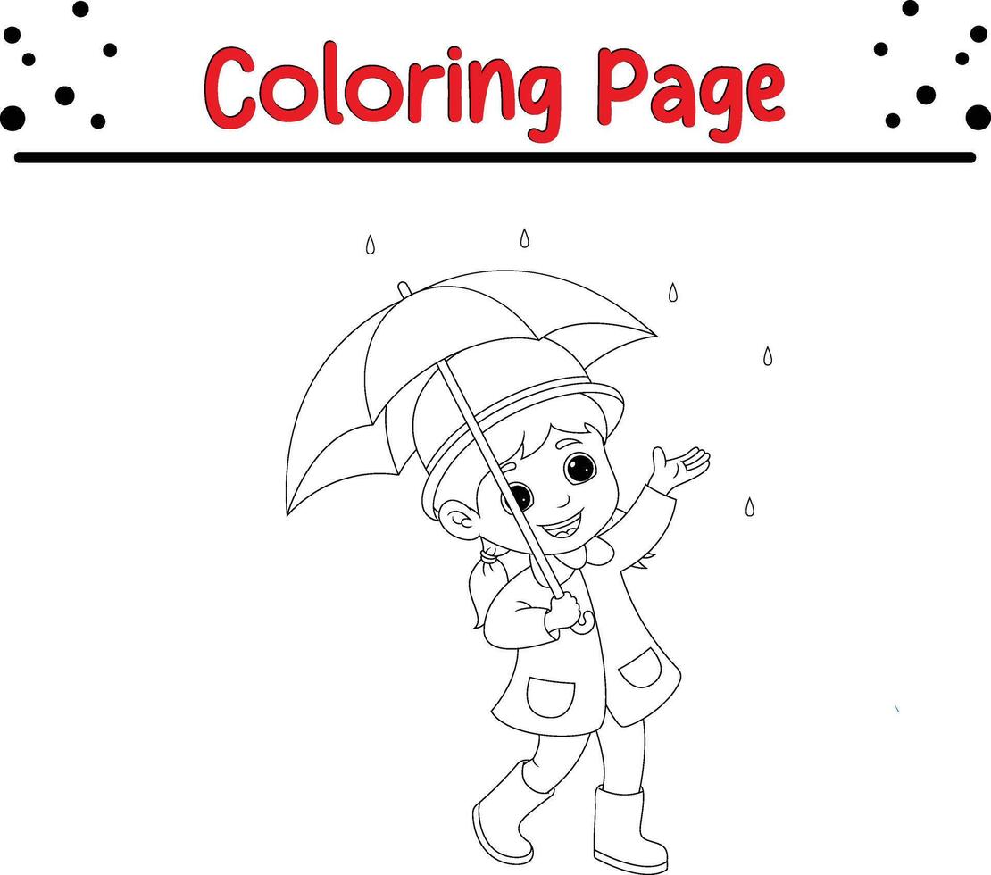 peu fille en portant parapluie pluie coloration page pour des gamins et adultes vecteur