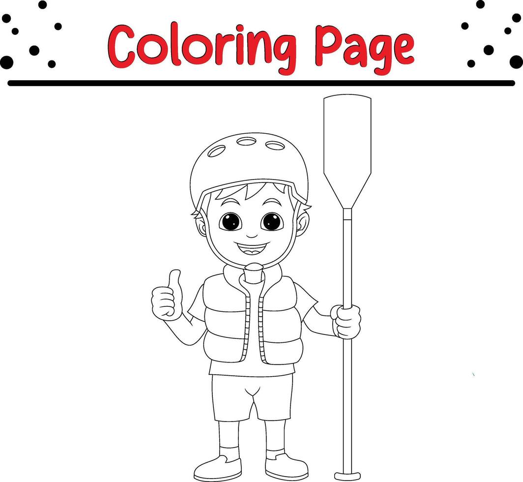 garçon avec kayak pagayer coloration livre page pour les enfants vecteur