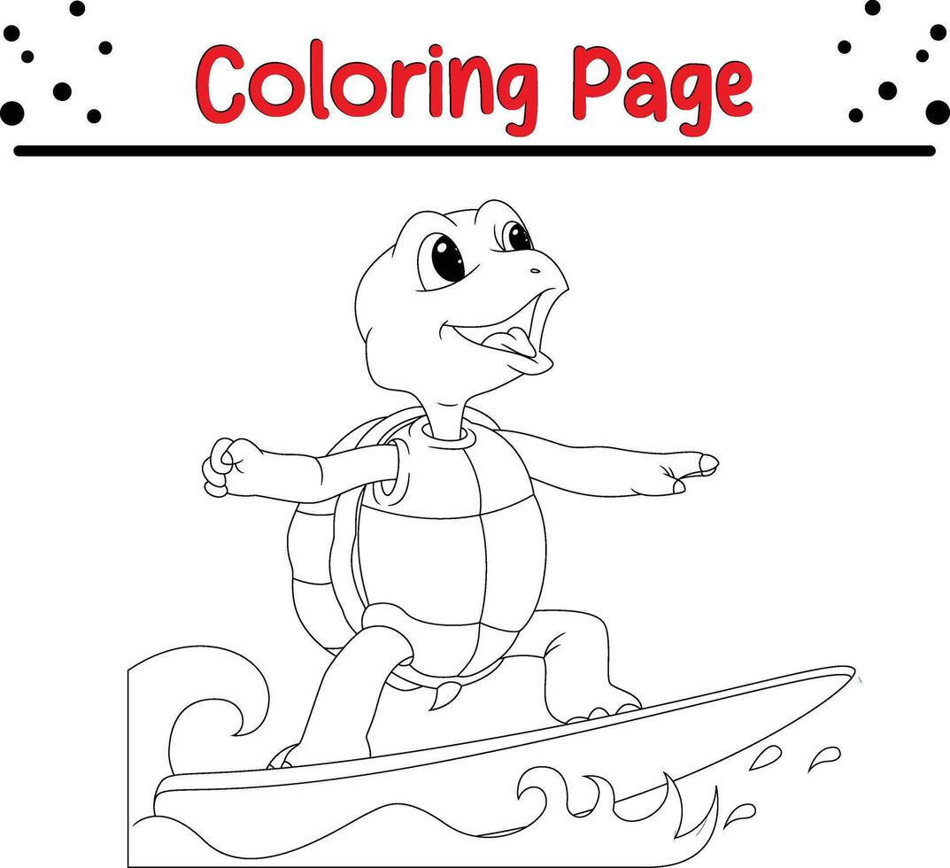 mignonne tortue surfant coloration livre page pour les enfants vecteur