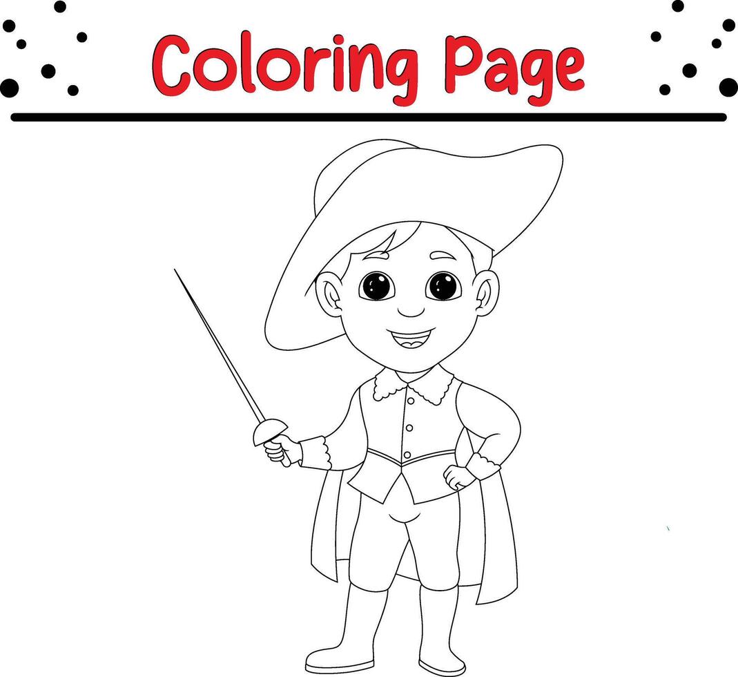 garçon portant mousquetaire costume en portant épée coloration livre page pour les enfants vecteur