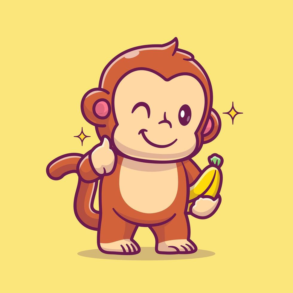 mignonne singe en portant banane avec pouce en haut dessin animé vecteur