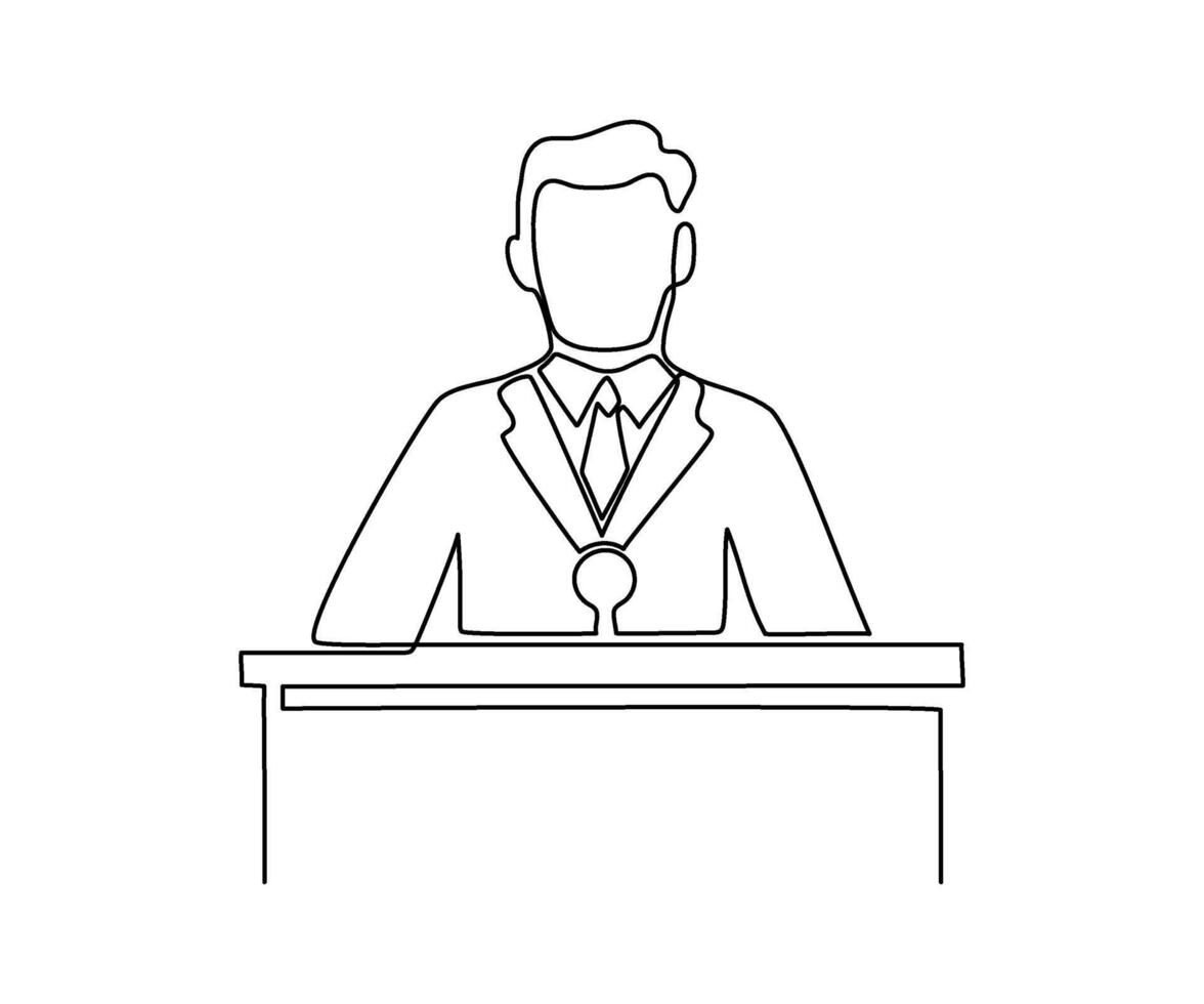 orateur homme discours derrière tribune sur conférence, continu un ligne dessin. orateur sur podium par chef, homme d'affaire, prof en parlant. Célibataire contour illustration vecteur