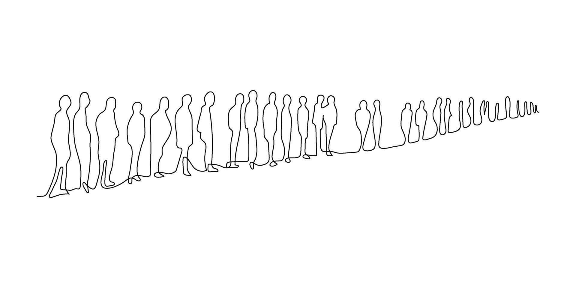 groupe de gens permanent dans file d'attente, continu un ligne dessin. foule de gens attendre dans doubler. minimaliste Facile linéaire style. contour illustration vecteur