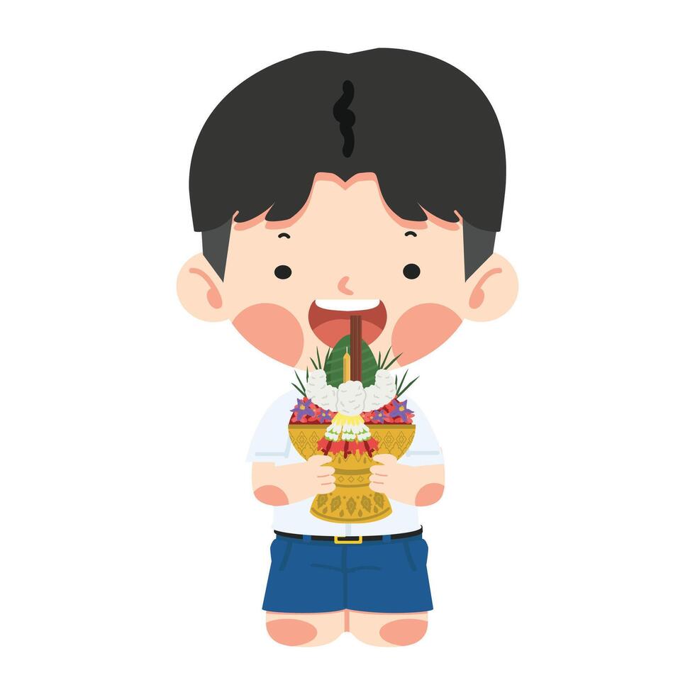 mignonne garçon thaïlandais étudiant avec fleur plateau vecteur
