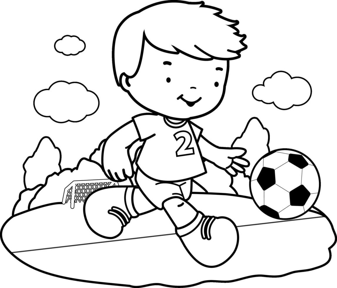 peu enfant Football athlète à le stade coups de pied une football balle. garçon en jouant football. noir et blanc coloration page. vecteur