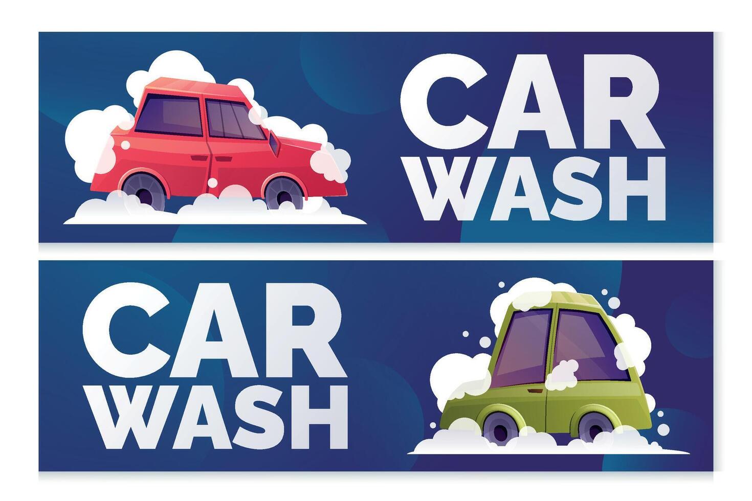 deux horizontal La publicité bannières pour voiture laver. illustration de une dessin animé passager voiture avec la lessive mousse et savon bulles. vecteur