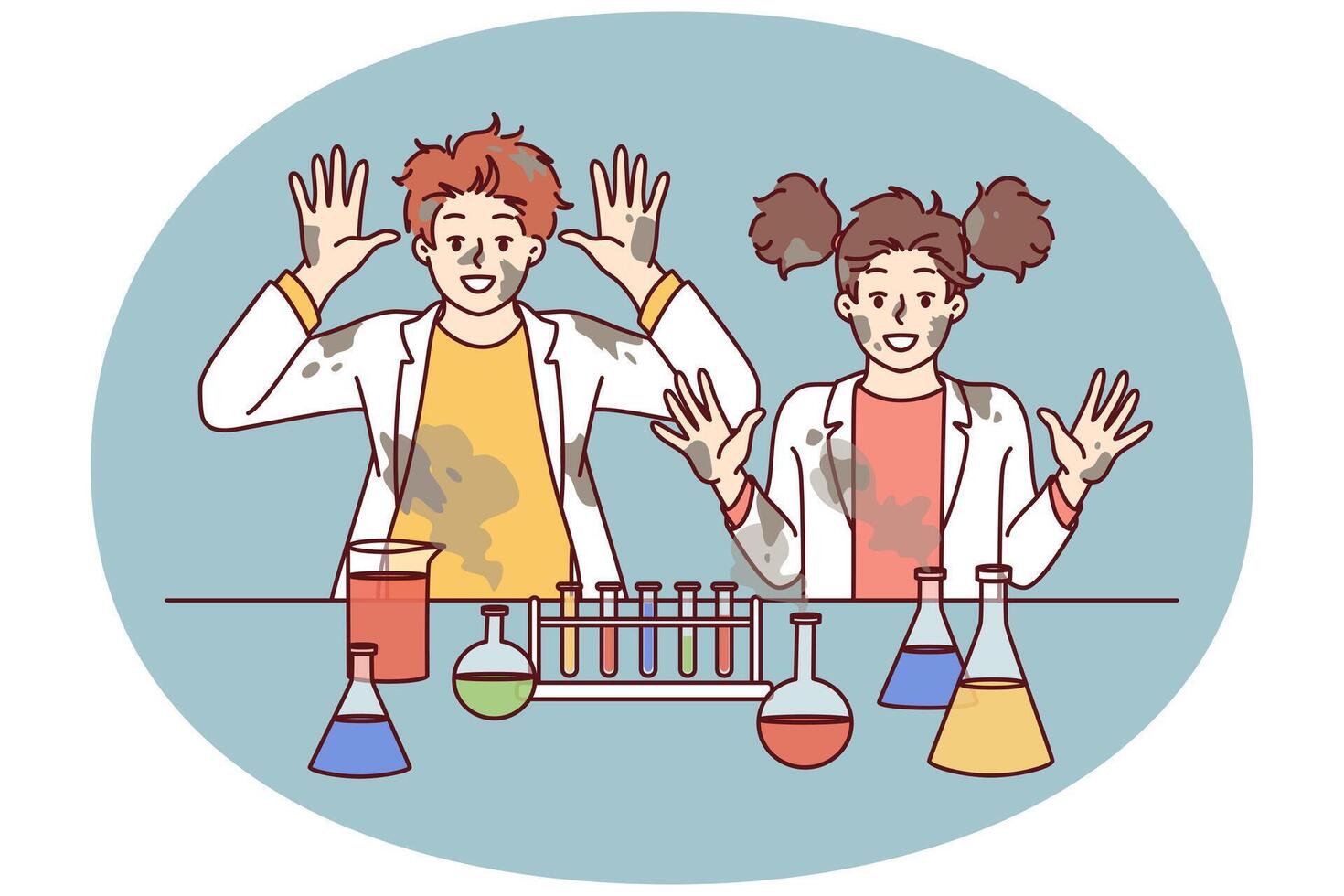 marrant les enfants dans laboratoire élever mains après inattendu réaction lorsque mélange chimique réactifs vecteur