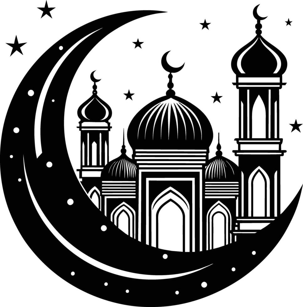 une noir et blanc silhouette de une mosquée avec une croissant lune vecteur