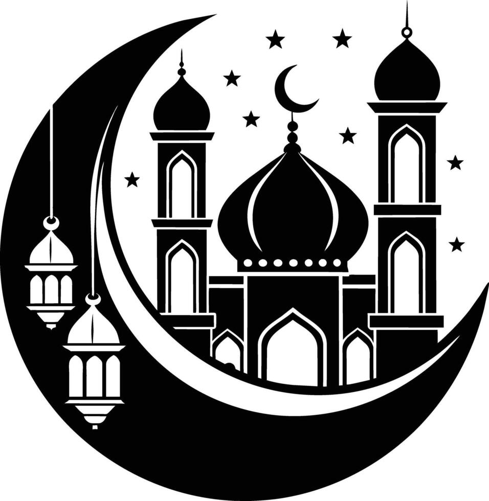 une noir et blanc silhouette de une mosquée avec une croissant lune vecteur