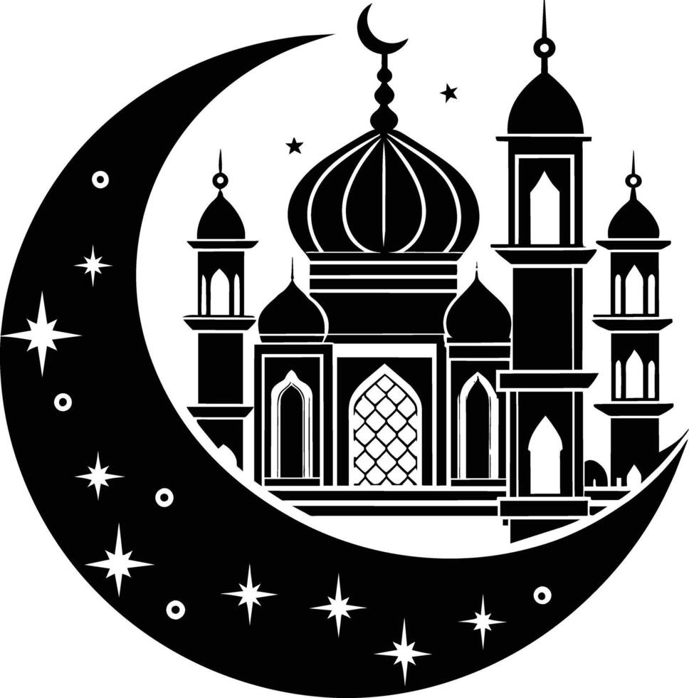 une noir et blanc silhouette de une mosquée avec une croissant lune vecteur