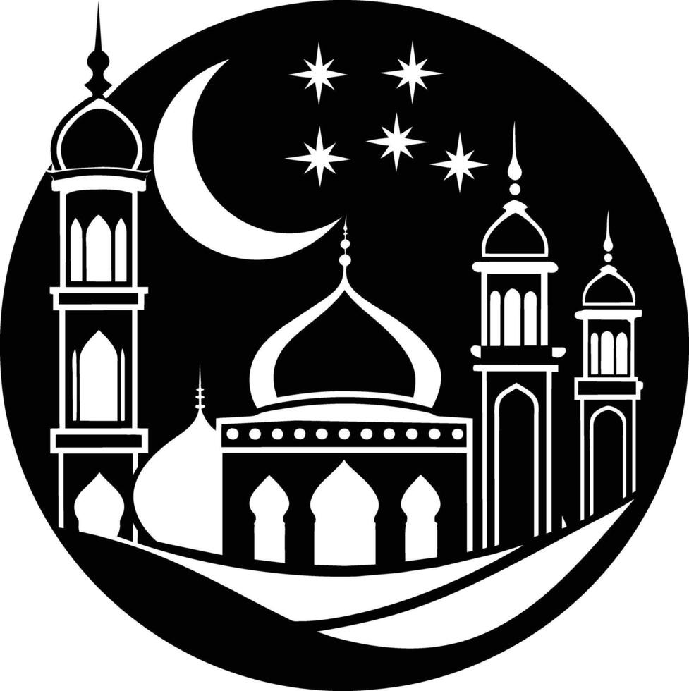 une noir et blanc silhouette de une mosquée avec une croissant lune vecteur