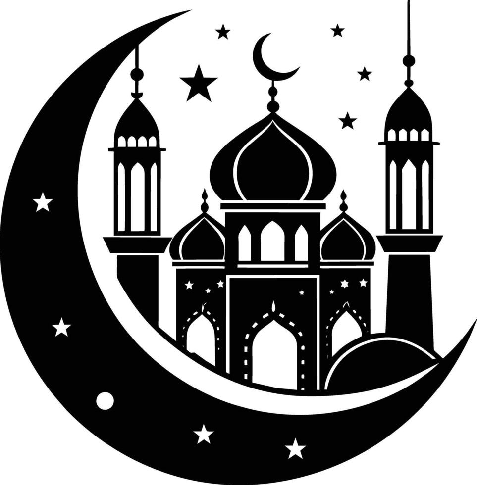 une noir et blanc silhouette de une mosquée avec une croissant lune vecteur