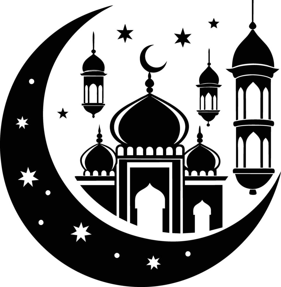 une noir et blanc silhouette de une mosquée avec une croissant lune vecteur