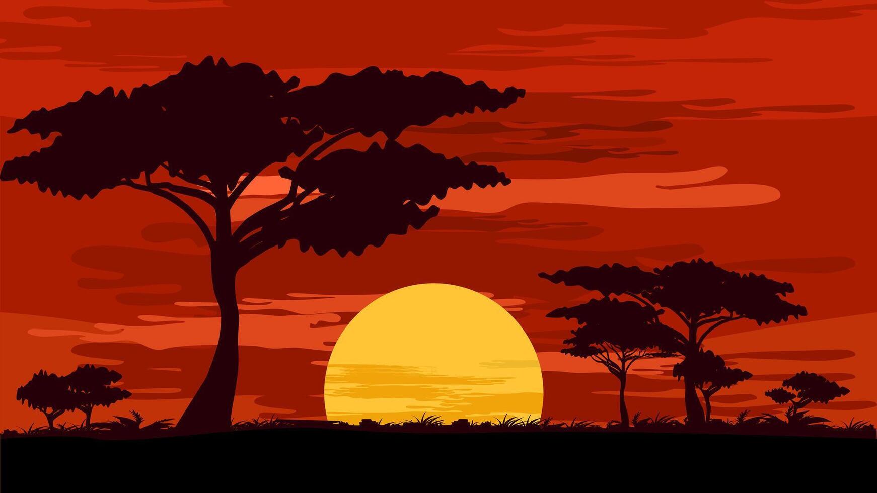 africain le coucher du soleil avec des arbres et Soleil vecteur