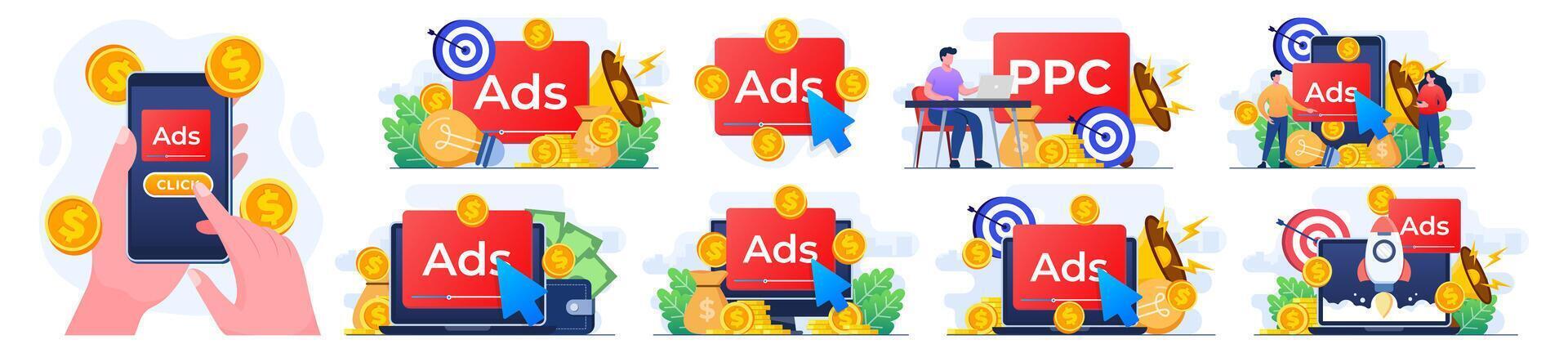 ensemble de moderne plat des illustrations de payé La publicité campagne, afficher les publicités sur site Internet générateur revenu pour éditeur, Payer par Cliquez sur, ppc, La publicité ou publicité, l'Internet commercialisation vecteur