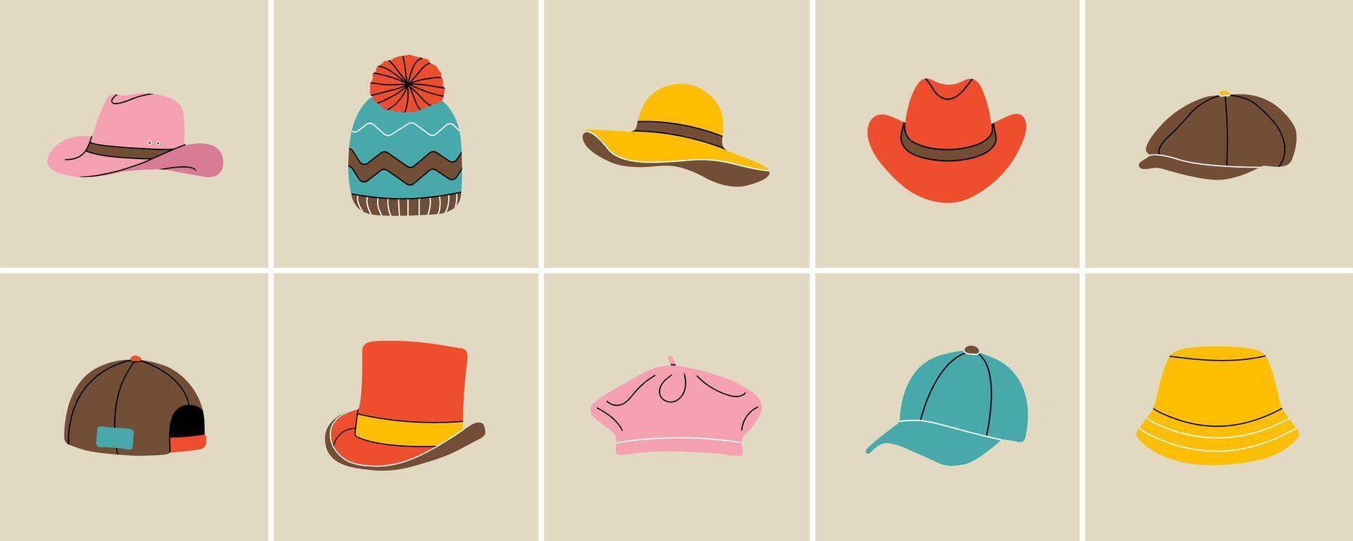 ensemble de tête accessoires élément dans moderne plat ligne style. main tiré illustration de base-ball casquette, chapeau, Panama, béret, cow-boy chapeau mode style, dessin animé conception, correctif, badge, emblème. vecteur