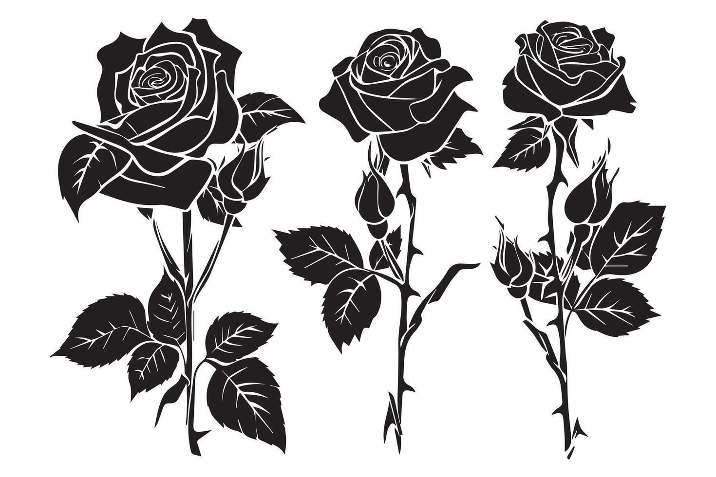 ensemble de noir silhouettes de décoratif Frais épanouissement Rose avec vapeur et feuilles. main tiré contour fleur icône monochrome des illustrations isolé sur blanc Contexte vecteur