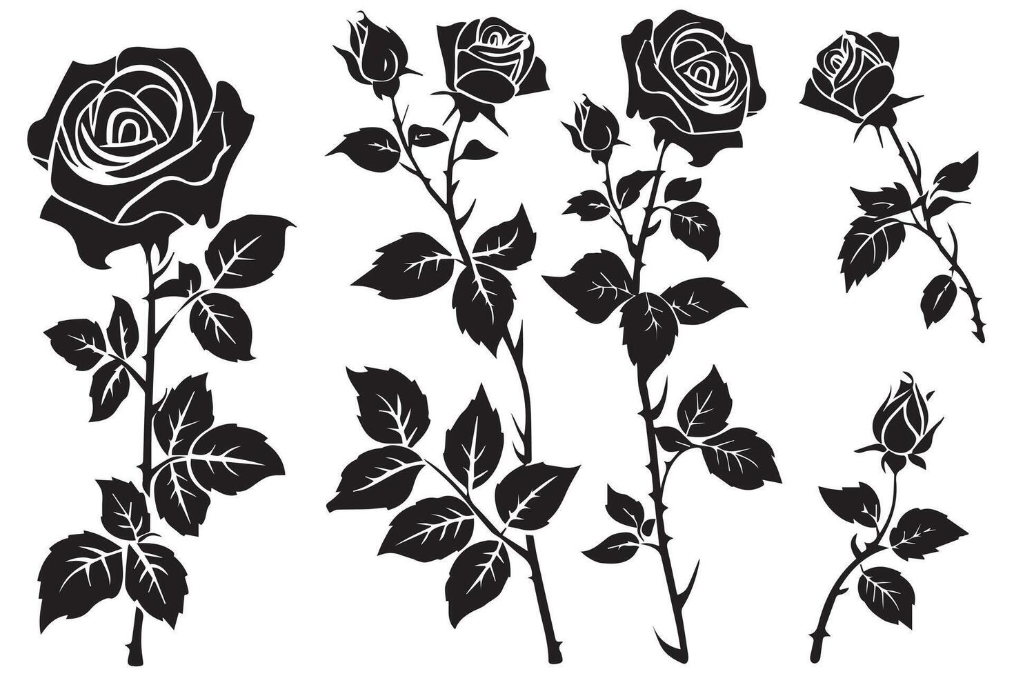 ensemble de noir silhouettes de décoratif Frais épanouissement Rose avec vapeur et feuilles. main tiré contour fleur icône monochrome des illustrations isolé sur blanc Contexte vecteur