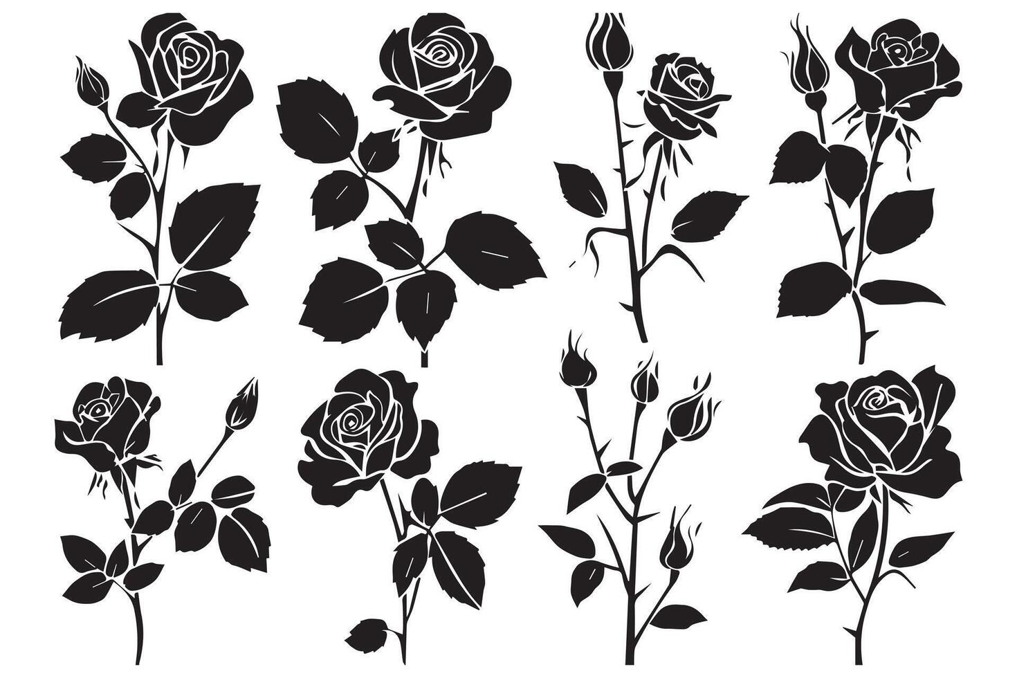 noir slhoutte ensemble de Rose avec feuilles fleur noir silhoutte blanc Contexte vecteur