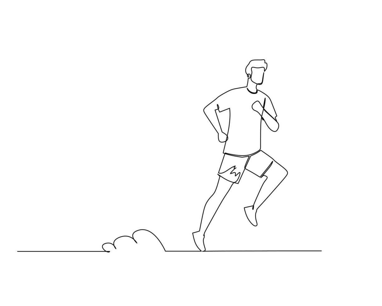 continu Célibataire ligne dessin de côté vue Hommes début le jogging en utilisant écouteurs. en bonne santé sport formation concept. conception illustration vecteur