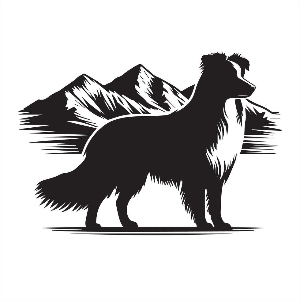 australien berger - un australien berger chien permanent avec Montagne illustration dans noir et blanc vecteur