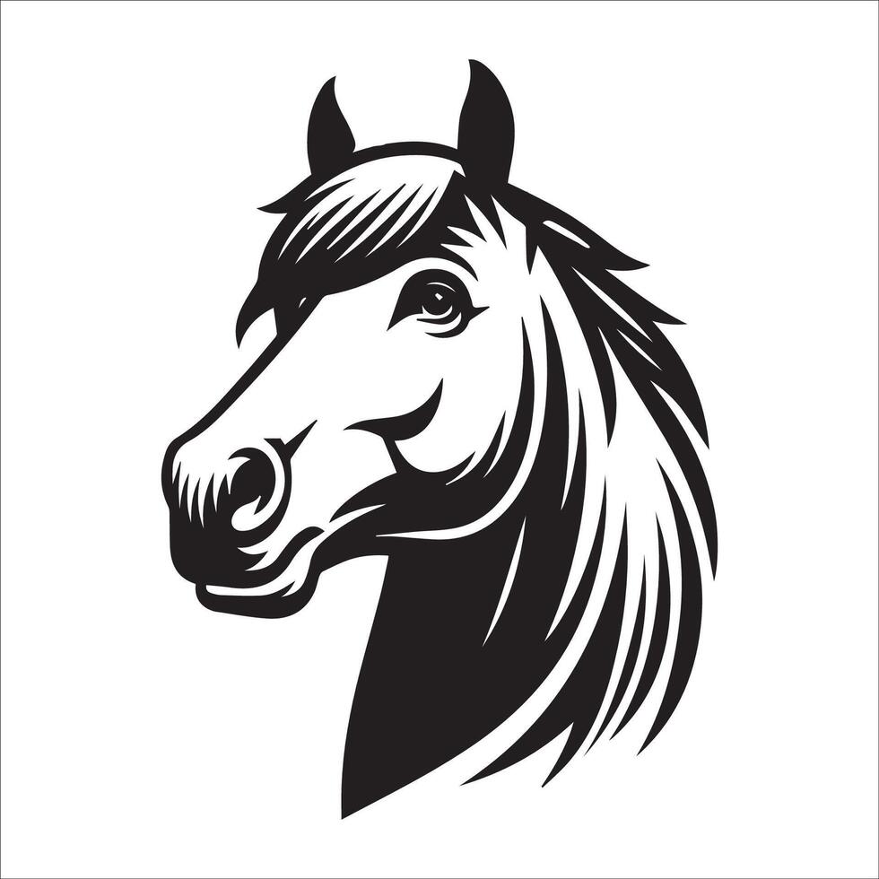 réfléchi cheval visage avec une légèrement sillonné front illustration dans noir et blanc vecteur