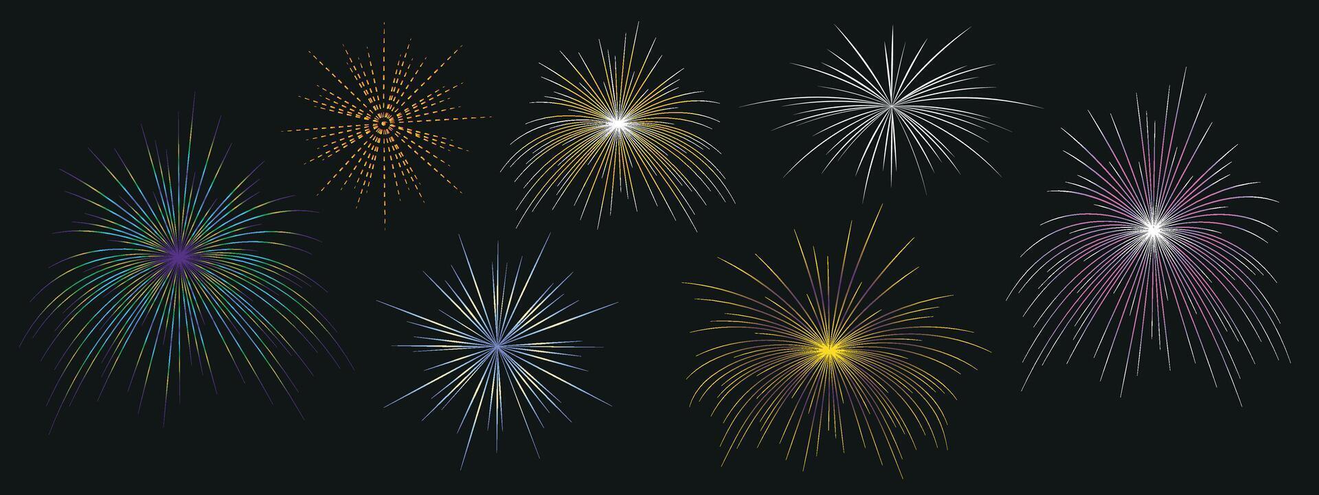 embrasé feu d'artifice collection. feux d'artifice isolé sur une foncé Contexte. de fête feux d'artifice, explosion. conception modèle pour célébrer concept, salutation cartes, bannières. vecteur