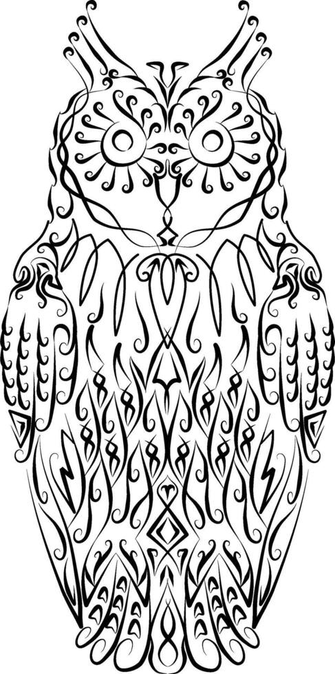 tordu hibou ornement décoré avec vigne boucles mosaïque de différent symboles. illustration hibou logo abstrait symbolique pour gaufrage affaires cartes et bannières. hibou avec gros yeux noir et blanc vecteur