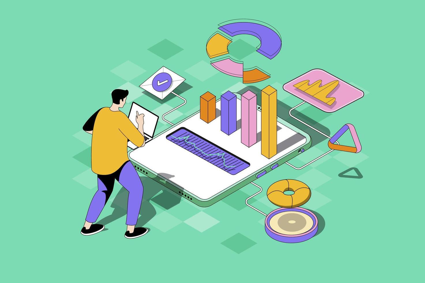 affaires statistique la toile concept dans 3d isométrique conception. homme en cours d'analyse Les données dans graphiques et graphiques, fabrication recherche et comptabilité en utilisant mobile application. la toile illustration avec gens isométrie scène vecteur