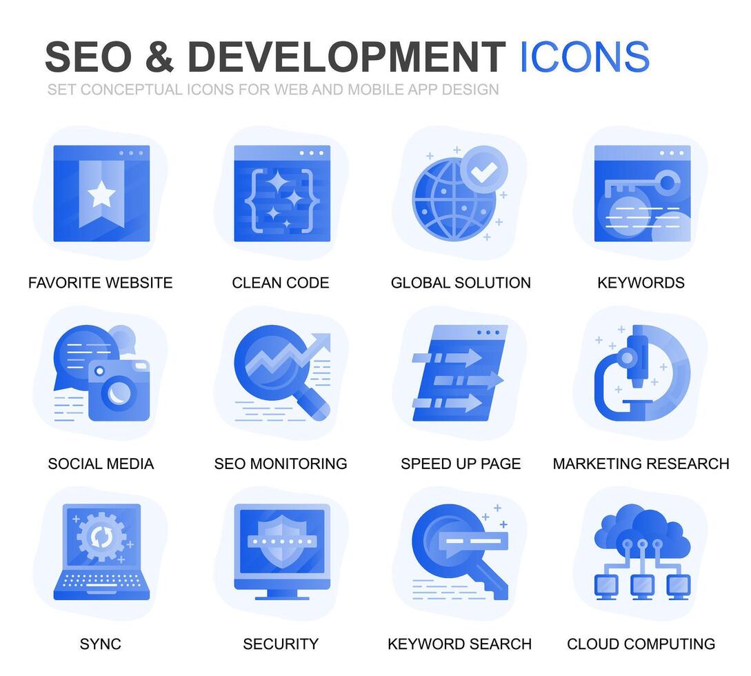 moderne ensemble seo et développement pente plat Icônes pour site Internet et mobile applications. contient tel Icônes comme nettoyer code, Les données protection, surveillance. conceptuel Couleur plat icône. pictogramme paquet. vecteur