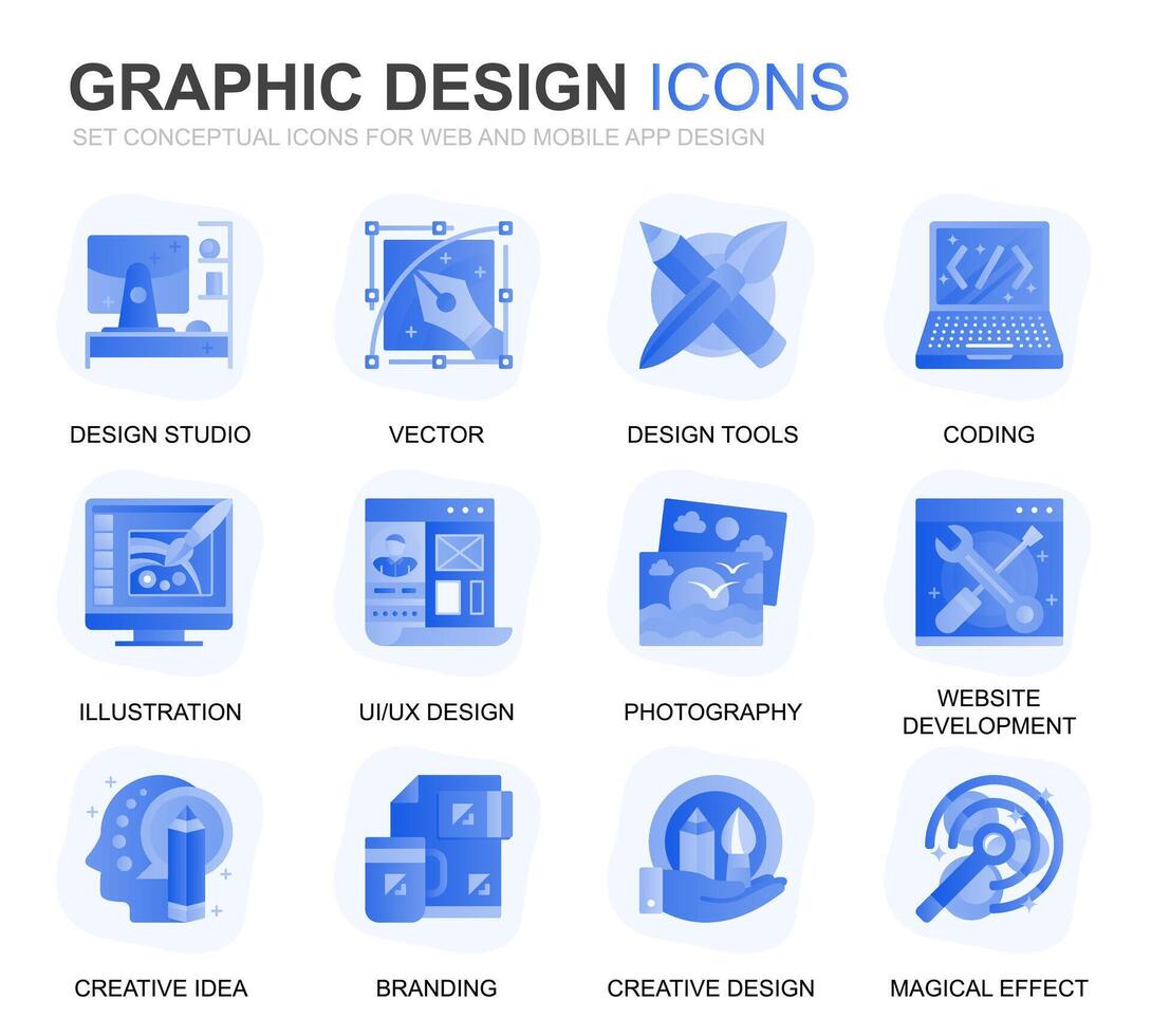 moderne ensemble la toile et graphique conception pente plat Icônes pour site Internet et mobile applications. contient tel Icônes comme studio, outils, app développement, retouche. conceptuel Couleur plat icône. pictogramme paquet. vecteur