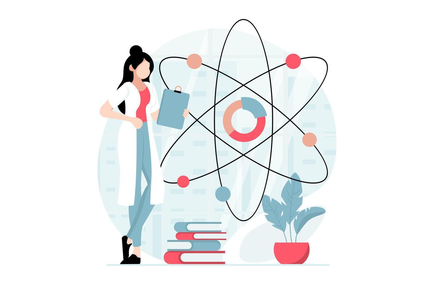 Les données science concept avec gens scène dans plat conception. femme scientifique est engagé dans recherche de molécules et analyses données dans laboratoire. illustration avec personnage situation pour la toile vecteur