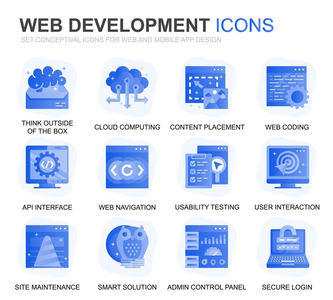 moderne ensemble la toile désigner et développement pente plat Icônes pour site Internet et mobile applications. contient tel Icônes comme codage, app développement, convivialité. conceptuel Couleur plat icône. pictogramme paquet. vecteur