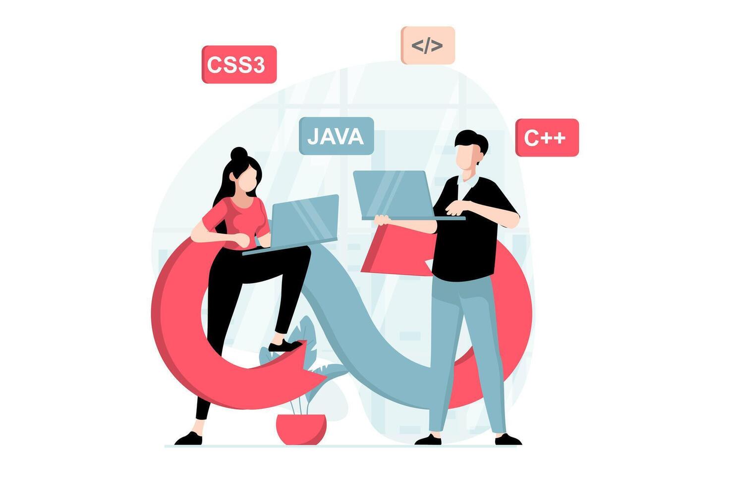 devops concept avec gens scène dans plat conception. femme et homme codeurs équipe ingénierie et création logiciel, en utilisant agile projet gestion. illustration avec personnage situation pour la toile vecteur