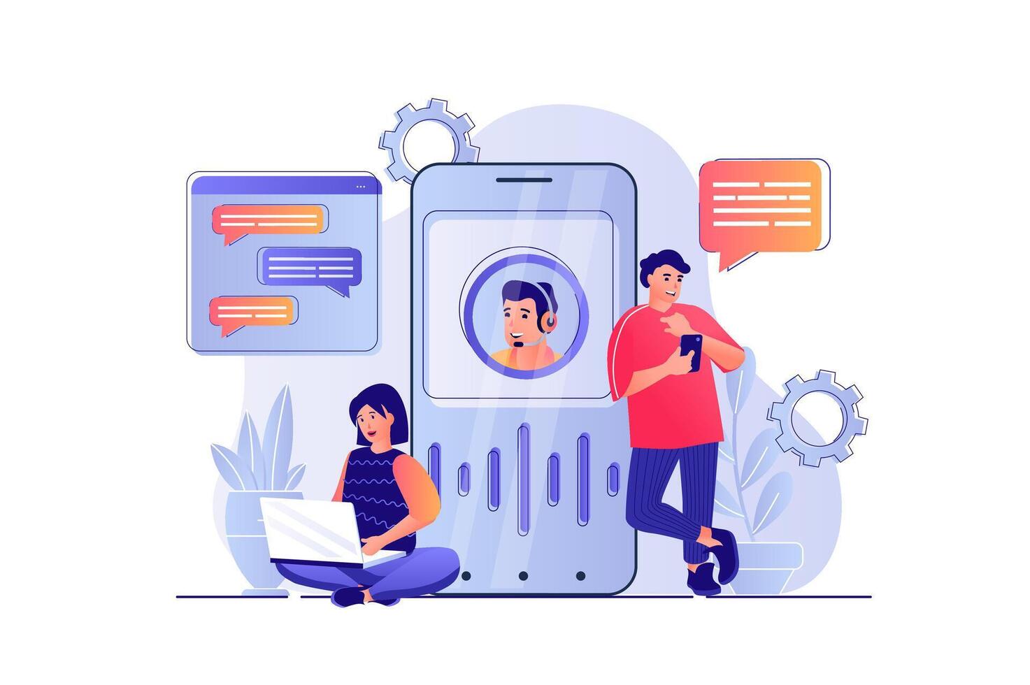 virtuel assistant concept avec gens scène. femme et homme faire appel ou l'écriture message à hotline pour client soutien service. illustration avec personnages dans plat conception pour la toile vecteur