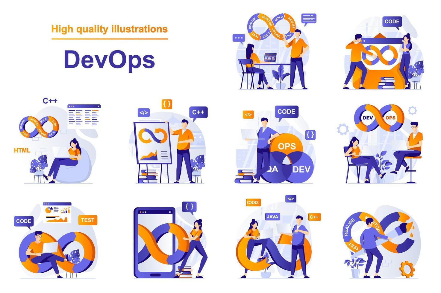 devops la toile concept avec gens scènes ensemble dans plat style. paquet de programmeurs interagir avec technologie soutien ingénieurs, administration développement opérations. illustration avec personnage conception vecteur