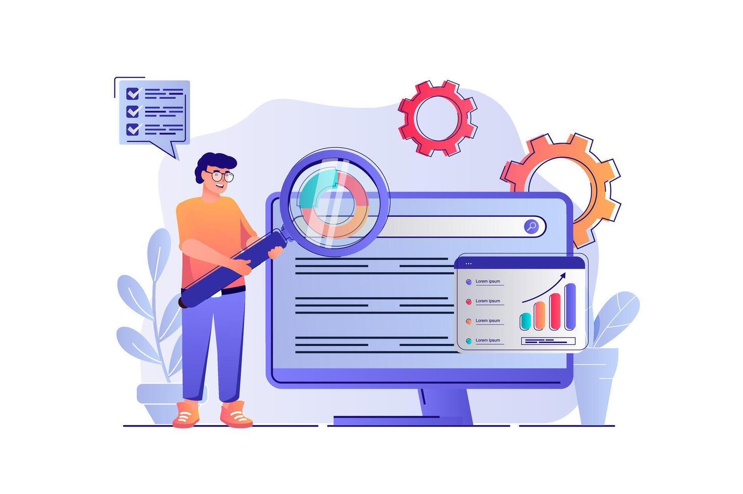 seo une analyse concept avec gens scène. homme réglages site pour chercher moteurs, analyses statistiques de la toile page, amélioration et optimisation. illustration avec personnages dans plat conception pour la toile vecteur