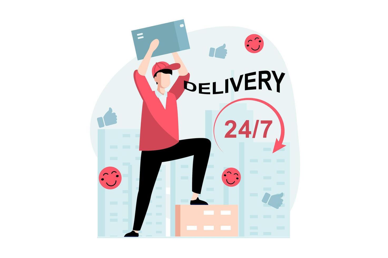 livraison un service concept avec gens scène dans plat conception. homme travaux comme courrier et porter colis à clients, vite et 24 heures sur 24 expédition. illustration avec personnage situation pour la toile vecteur