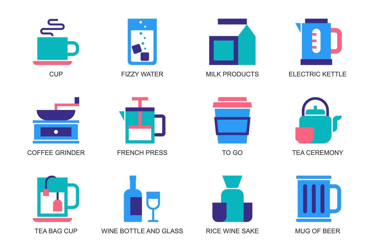 les boissons concept de la toile Icônes ensemble dans Facile plat conception. pack de tasse, café à aller, pétillant eau, Lait des produits, électrique bouilloire, français presse, thé cérémonie, du vin bouteille. pictogrammes pour mobile app vecteur