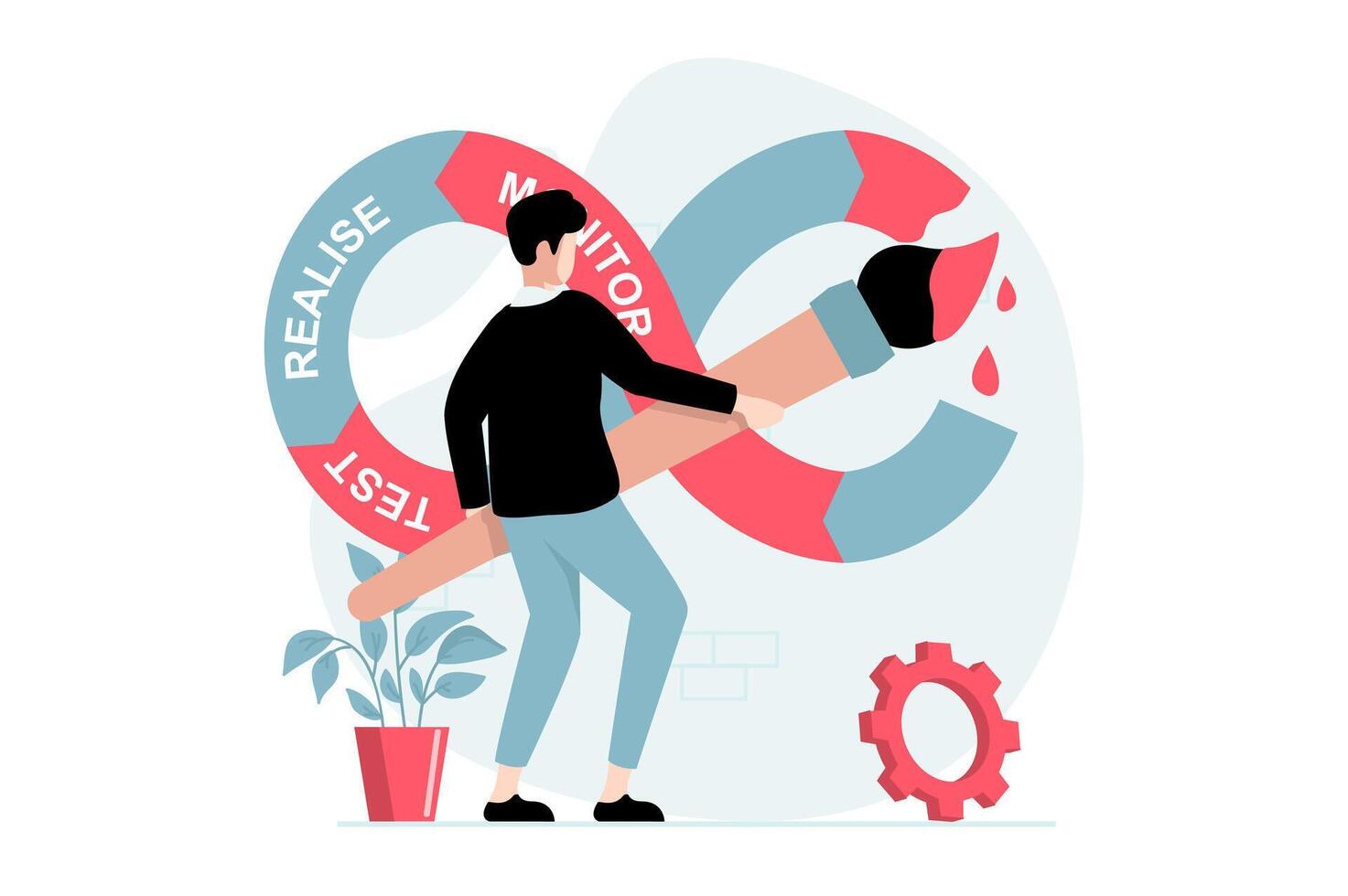 devops concept avec gens scène dans plat conception. homme création Logiciel et travail dans équipe, en utilisant agile projet la gestion et optimiser flux de travail. illustration avec personnage situation pour la toile vecteur