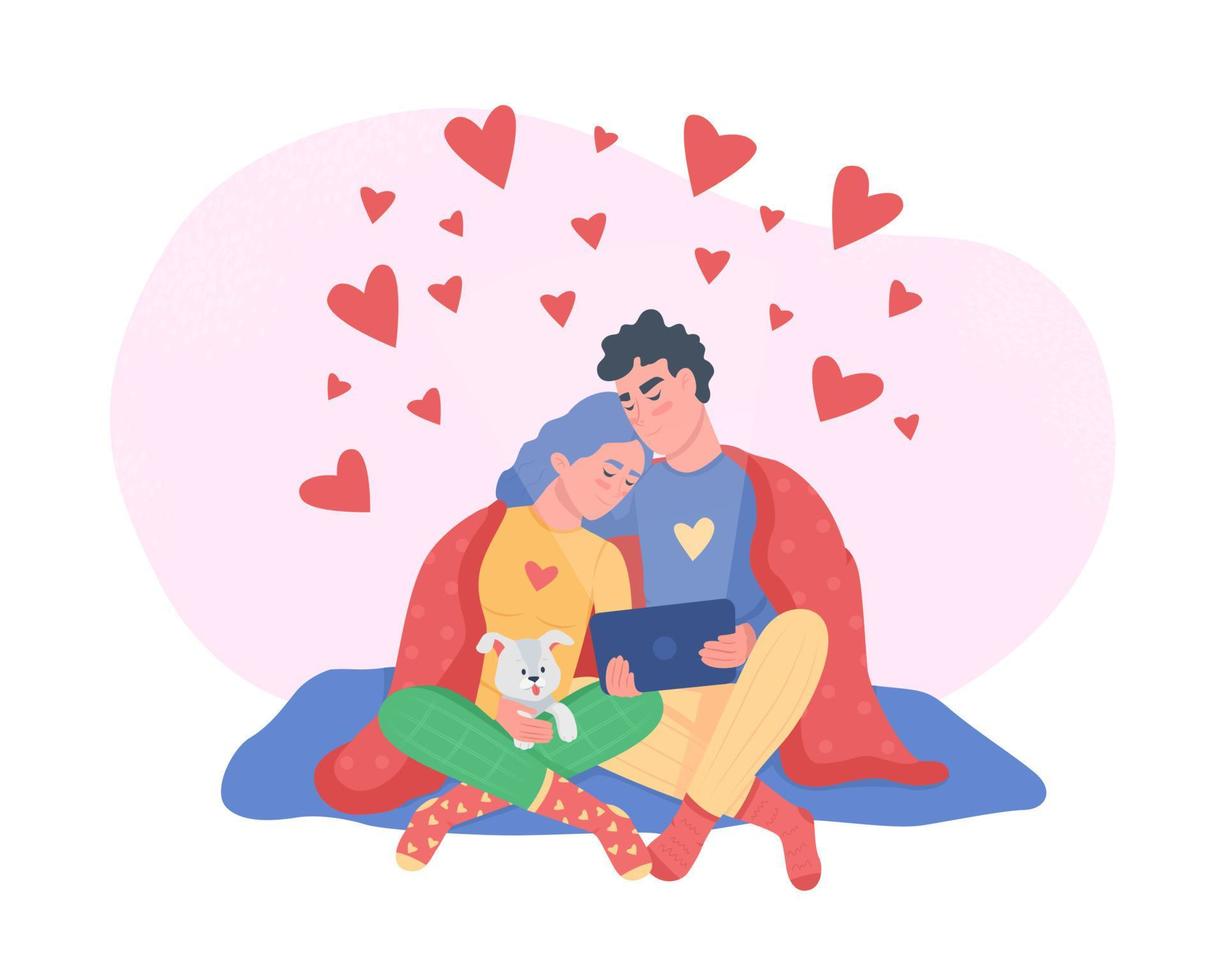 couple regardant un film 2d vector illustration isolée. passe-temps confortable. homme et femme câlin. petit ami avec des personnages plats de petite amie sur fond de dessin animé. gens amoureux scène colorée