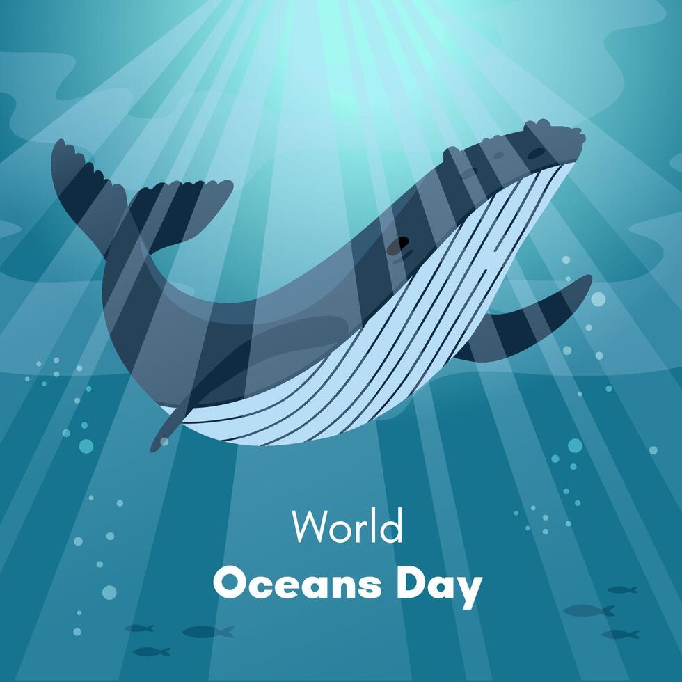 monde océans journée. salutation carte, bannière, social médias Publier modèle. mer Contexte avec à bosse baleine. vecteur