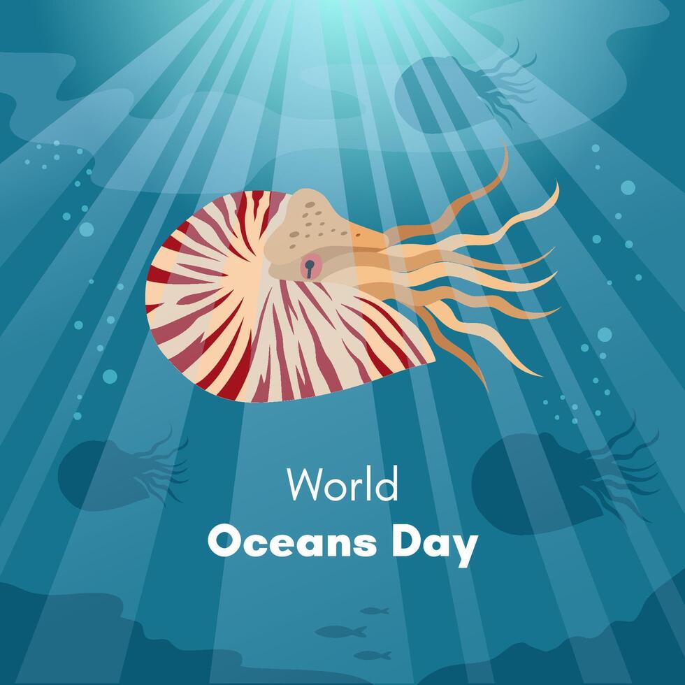 monde océans journée. salutation carte, bannière, social médias Publier modèle. mer Contexte avec nautile. vecteur